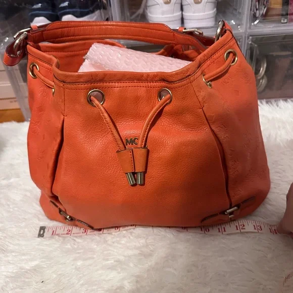MCM Orange Leather Hobo Bag with Gold Details - Picture 2 of 16